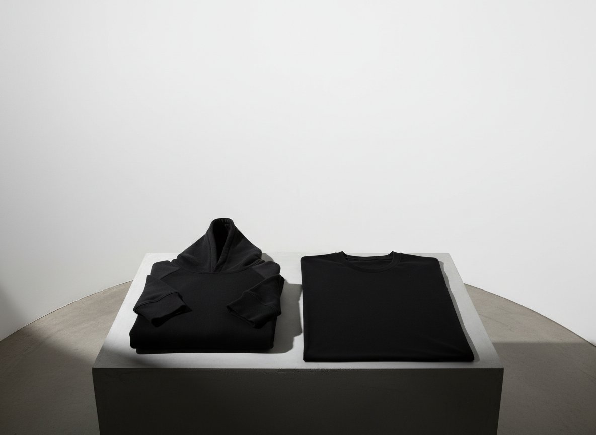 Folded black hoodie and t-shirt on a concrete plinth — premium garments printed by Prime Print Co
