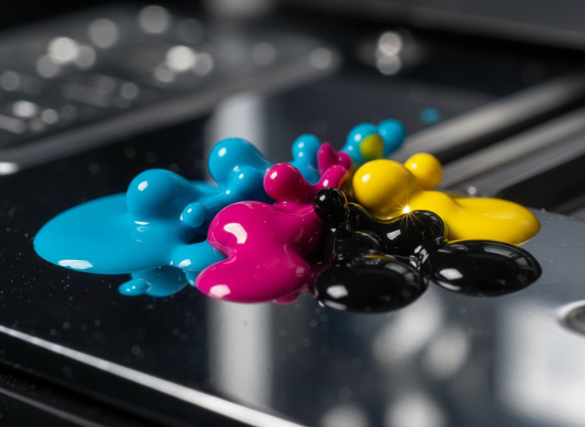 Macro photograph of CMYK ink splash — the colour foundation behind every DTF print