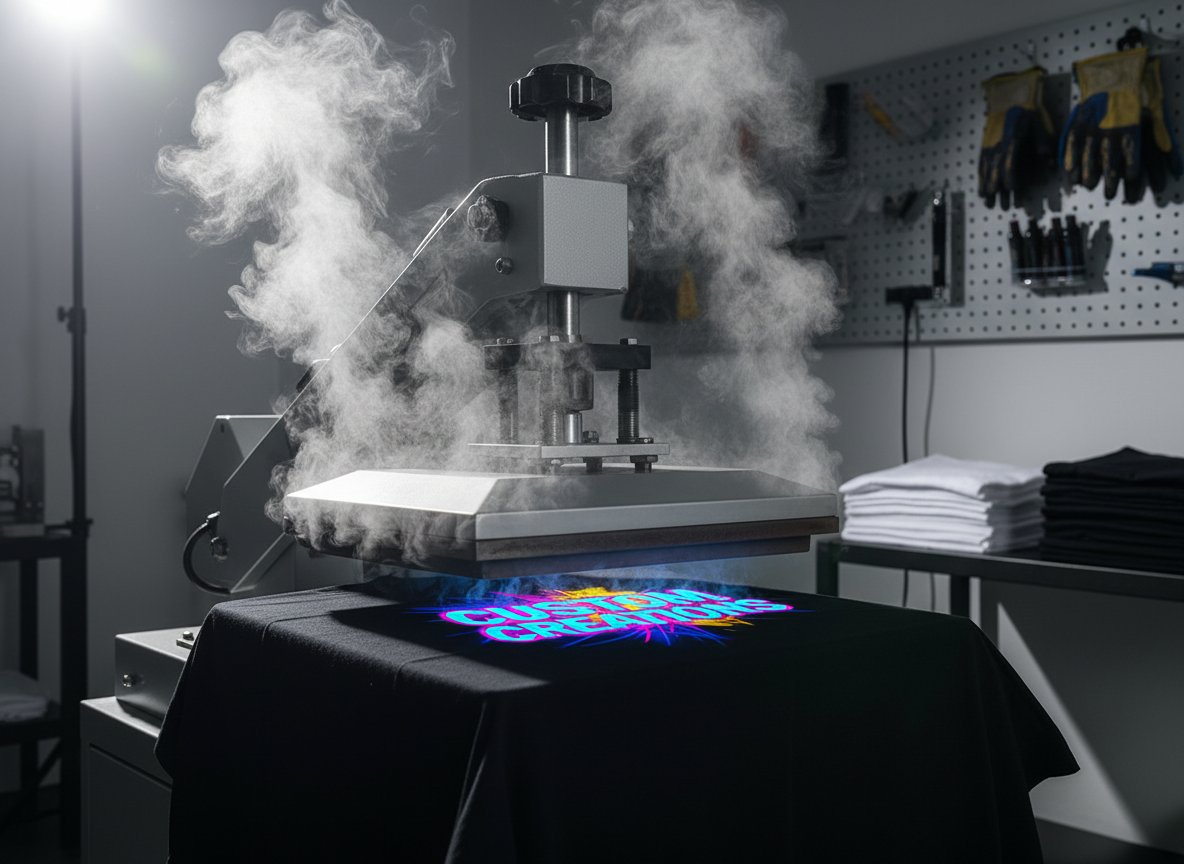 Heat press finishing a custom DTF print at Prime Print Co's North London studio