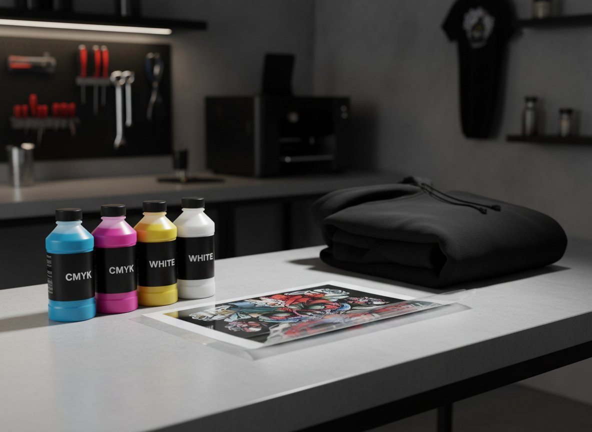 CMYK and white DTF inks beside a printed transfer and folded black tee