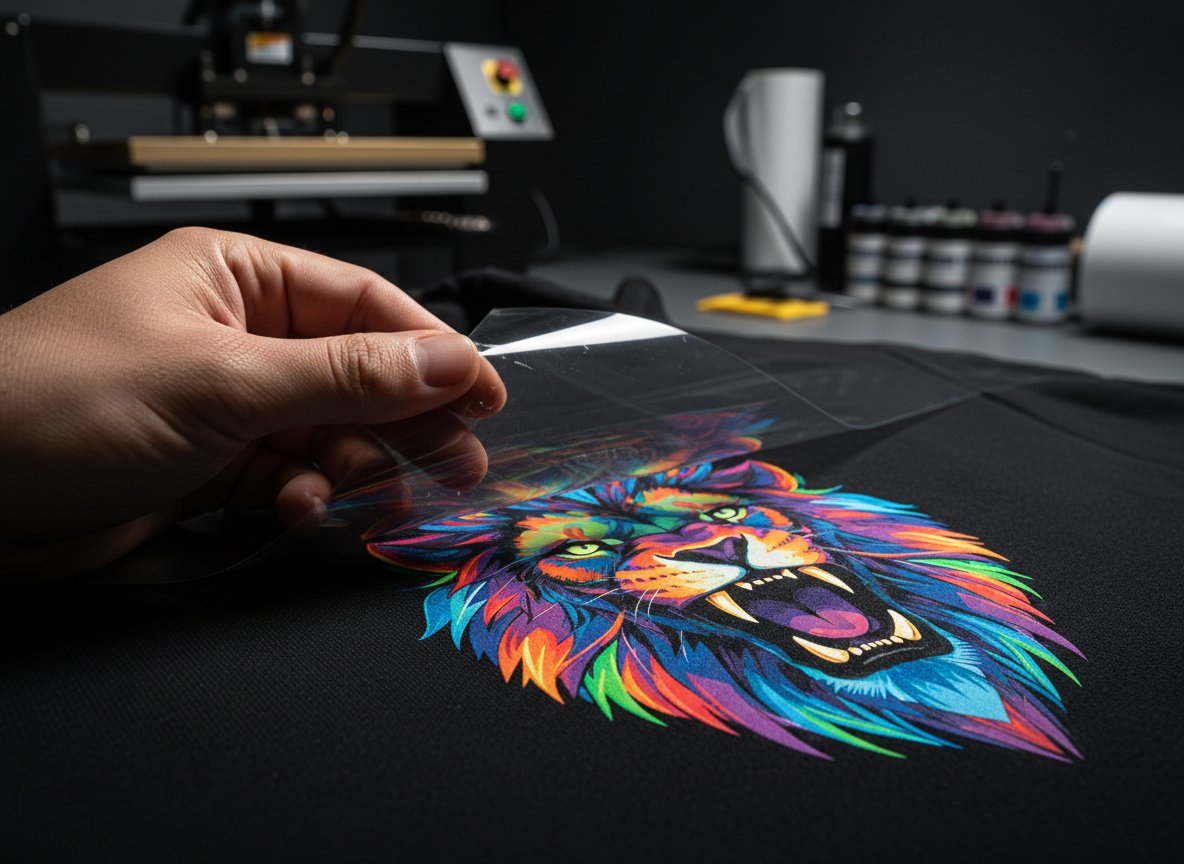 Full-colour DTF transfer being peeled from a black tee — printed at Prime Print Co