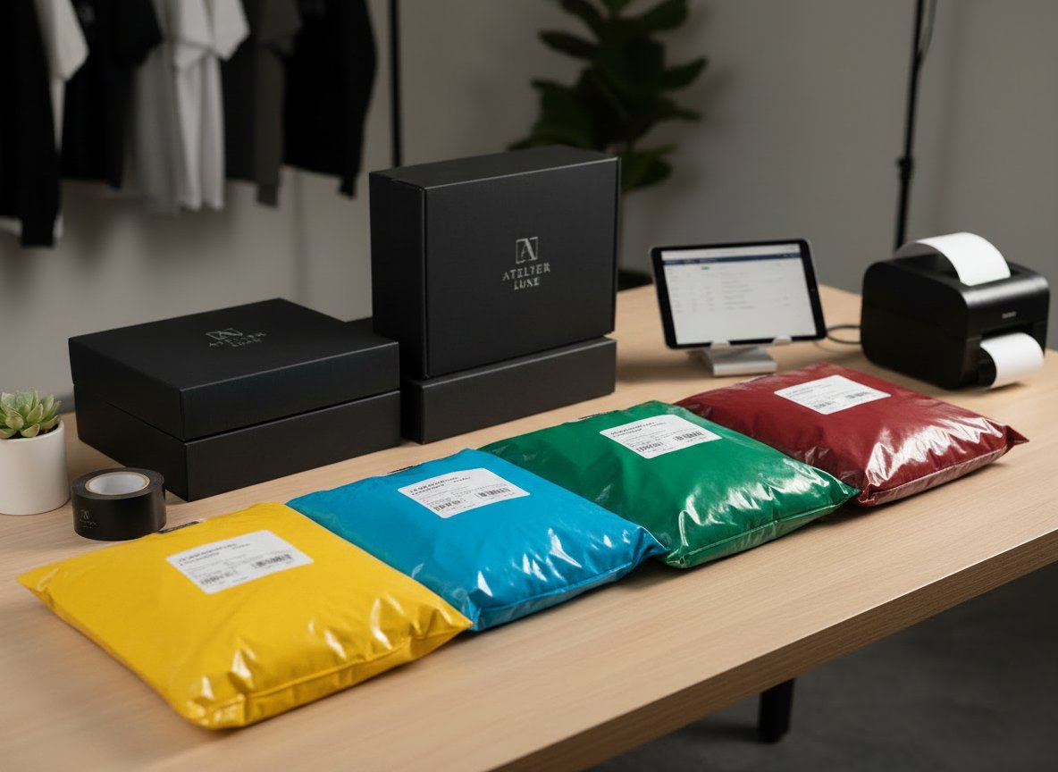 Coloured polymailer orders packed and ready for despatch from the studio
