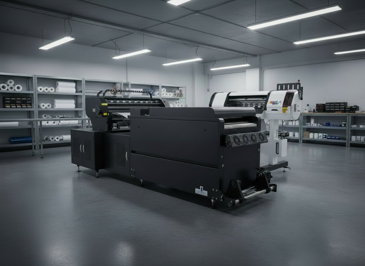Industrial DTF printer running a production batch in the North London studio